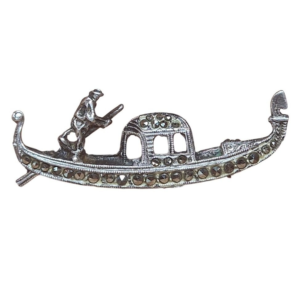 800 Silver Venetian Gondola Brooch Marcasite Figural Boat Scene